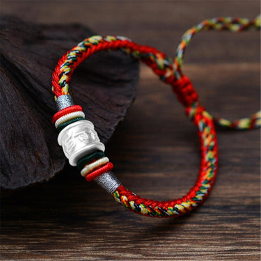 PURE SILVER Ethnic Tibetan Six Syllable Mantra Charm & Rope Bracelet
